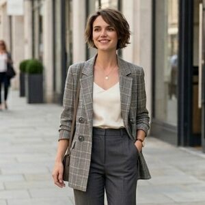 Jules & Leopold Grey Black Plaid Open Front Office Blazer | Ruched Sleeve SZ XL